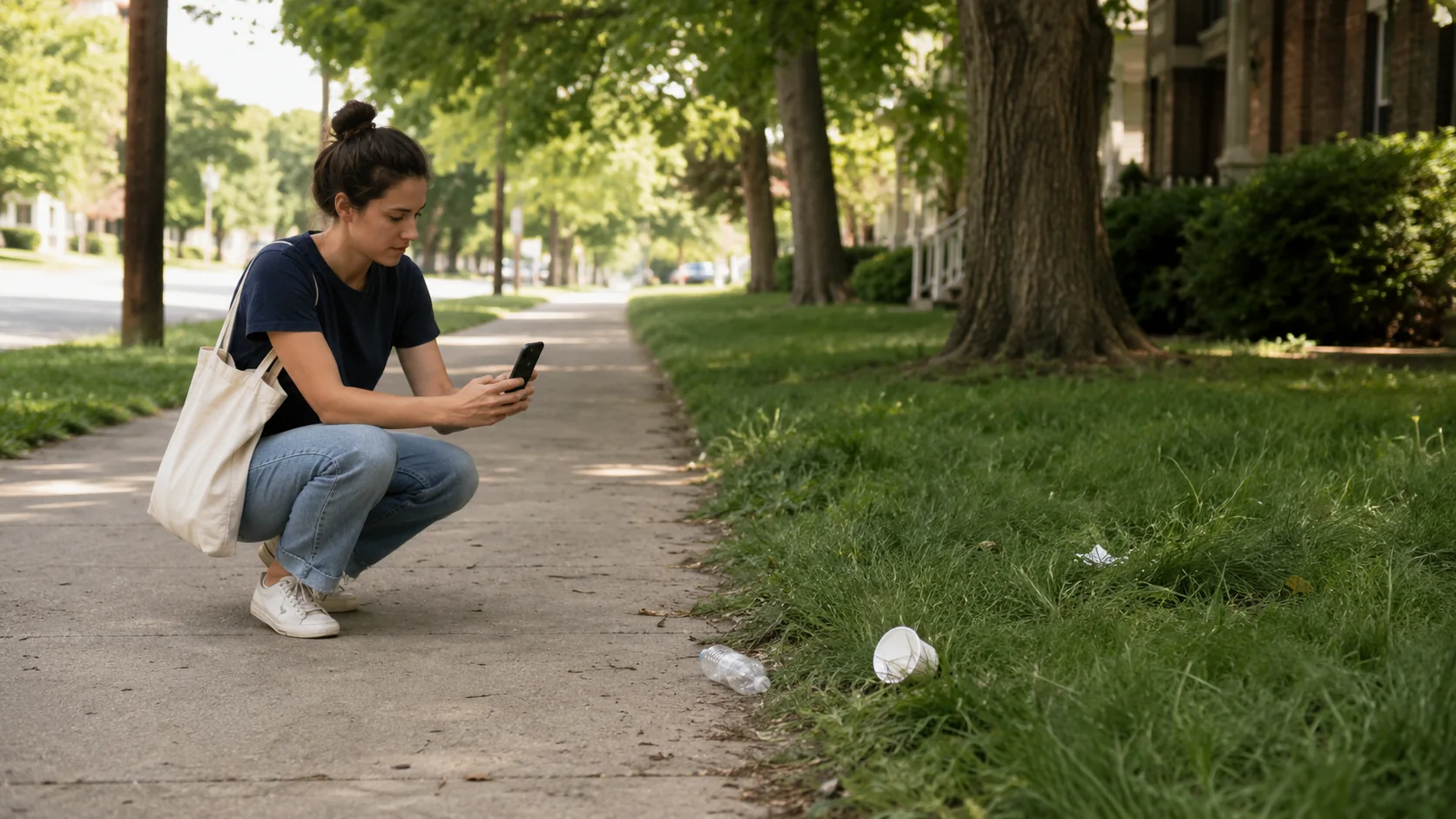 Person using a phone to document litter along a public sidewalk before sending a report