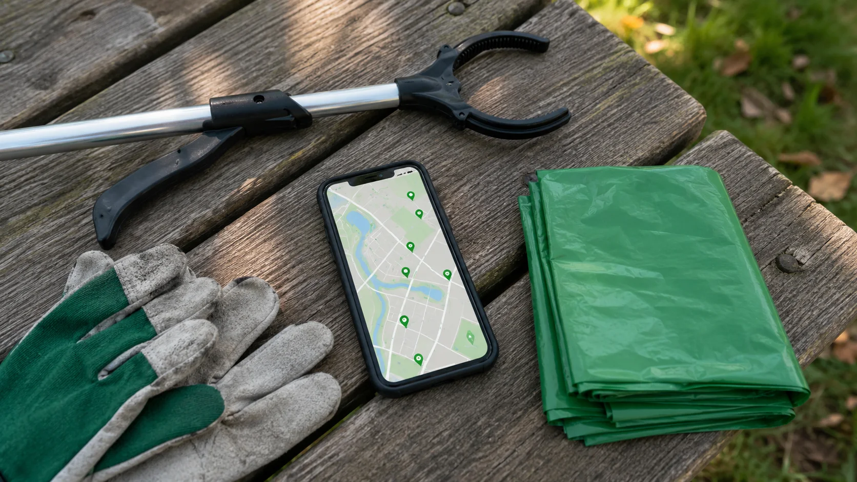 Cleanup gloves, bags, grabber, and phone map prepared for checking reported litter locations