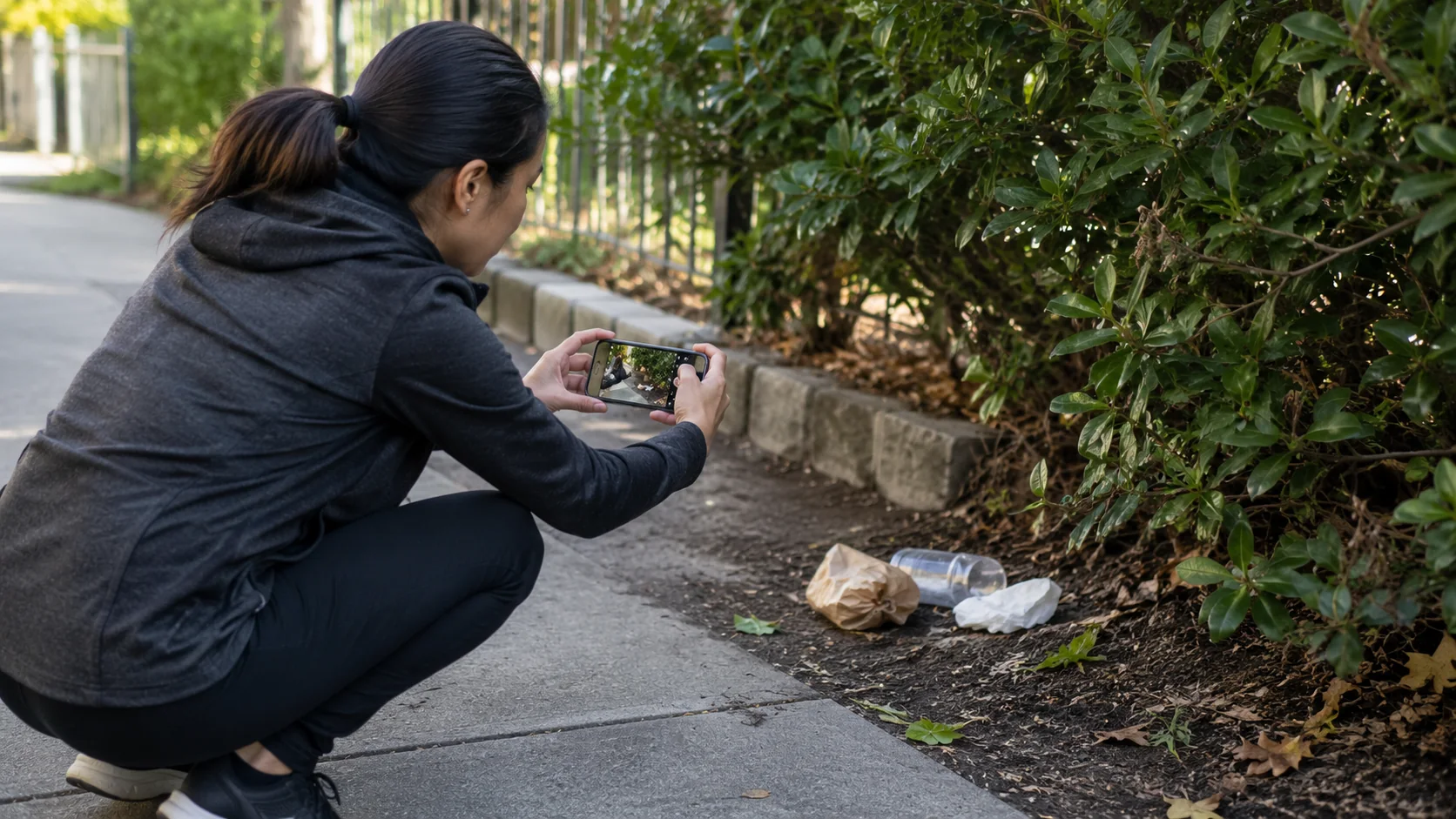 Person safely photographing litter beside a public sidewalk for a report